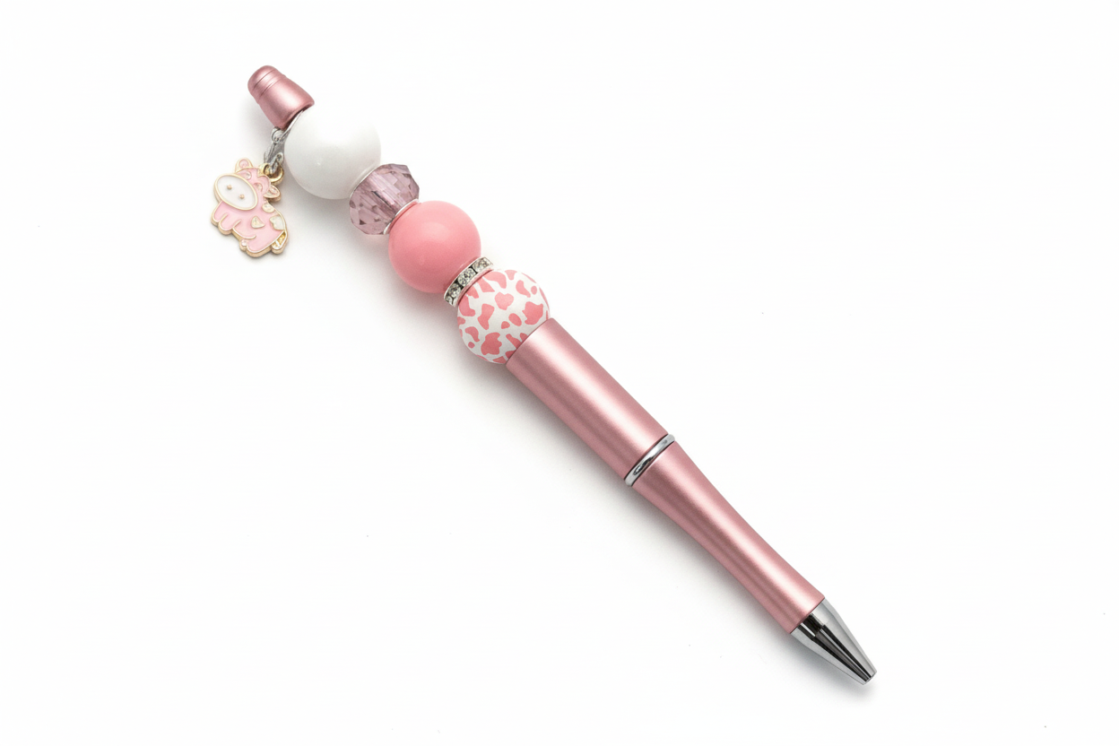 Beaded pen with hanging cow pendant