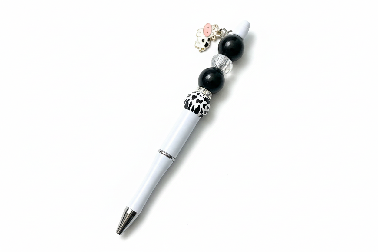Beaded pen with hanging cow pendant